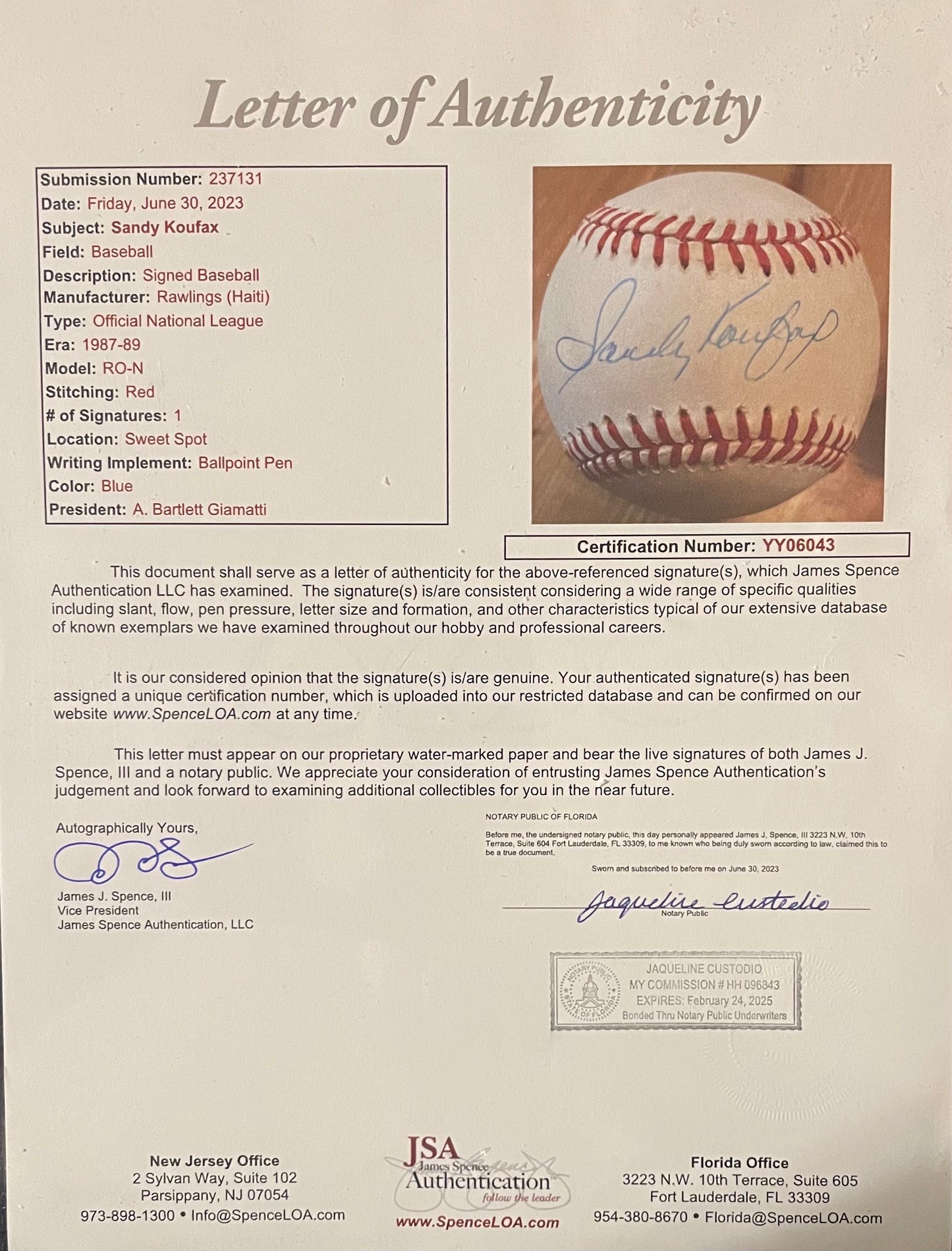Sandy Koufax Autographed Baseball – Certified Authentic